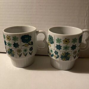 Vintage style craft Floral Patterned Mugs - Blue, green and Yellow 1960s